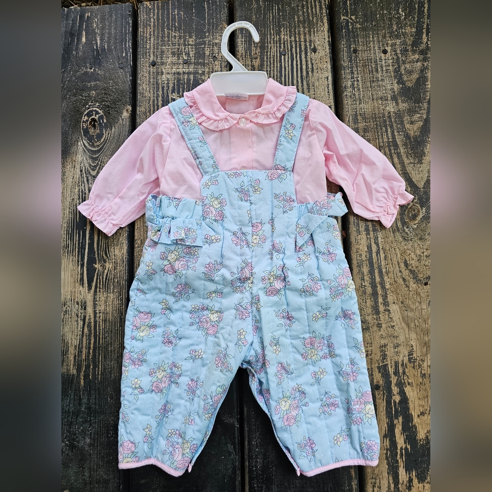 Vintage 80s Cotton Candy Baby Girl Overall Coverall & Shirt Set Outfit 0-6mths